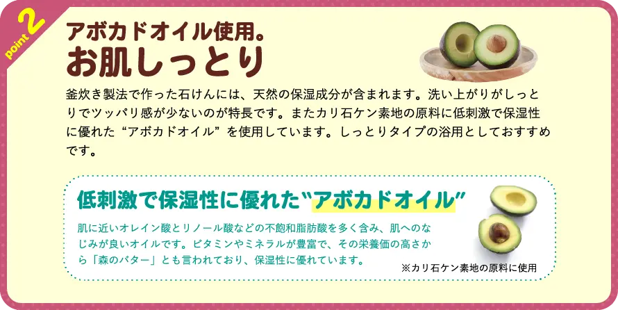 point2 アボカドオイル使用。お肌しっとり 釜炊き製法で作った石けんには、天然の保湿成分が含まれます。洗い上がりがしっとりでツッパリ感が少ないのが特長です。またカリ石ケン素地の原料に低刺激で保湿性に優れた“アボカドオイル”を使用しています。しっとりタイプの浴用としておすすめです。  低刺激で保湿性に優れた“アボカドオイル” 肌に近いオレイン酸とリノール酸などの不飽和脂肪酸を多く含み、肌へのなじみが良いオイルです。ビタミンやミネラルが豊富で、その栄養価の高さから「森のバター」とも言われており、保湿性に優れています。※カリ石ケン素地の原料に使用