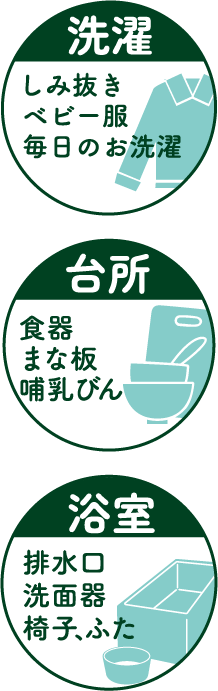 漂泊 衣類の漂泊・しみ抜き　消臭 排水口の除菌・除臭　除菌 まな板、食器の除菌・漂泊